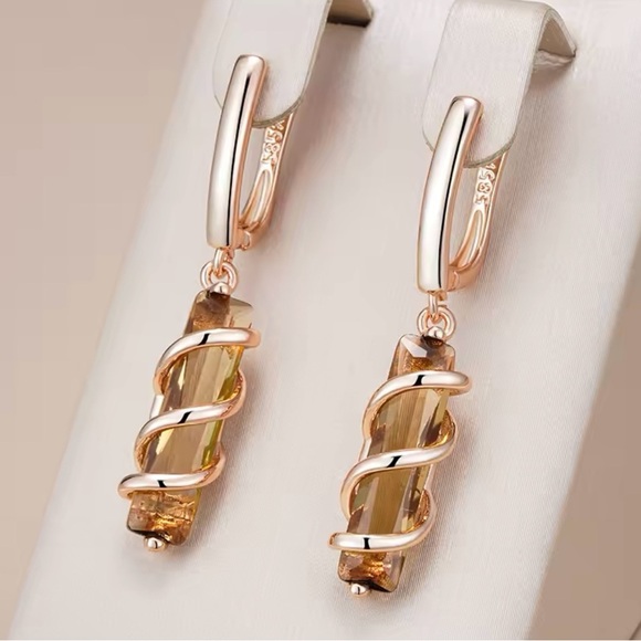 Light Brown Natural Zircon Drop Earrings for Women Unique Square 585 Rose Gold - Picture 1 of 4